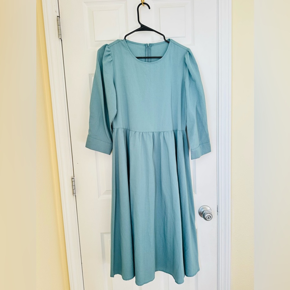 Teal A-Line Pleated Dress with Bishop Sleeves - Picture 3 of 7